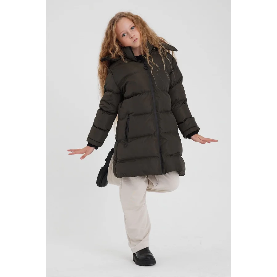 Haki Kız Çocuk Çıkartılabilir Kapüşonlu Su İtici Rüzgar Geçirmez İçi Kürklü Uzun Şişme Mont - Kaban