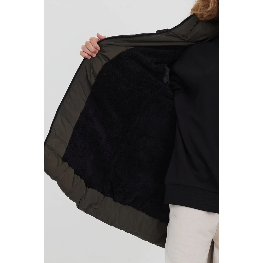 Haki Kız Çocuk Çıkartılabilir Kapüşonlu Su İtici Rüzgar Geçirmez İçi Kürklü Uzun Şişme Mont - Kaban