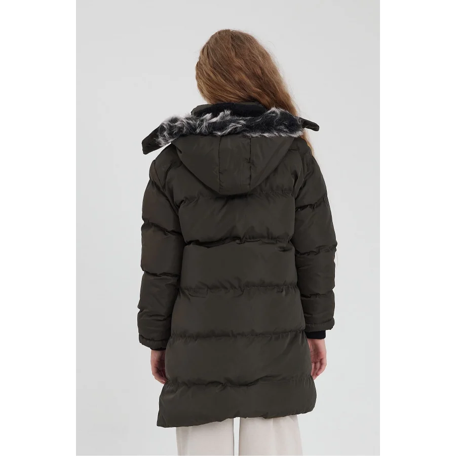 Haki Kız Çocuk Çıkartılabilir Kapüşonlu Su İtici Rüzgar Geçirmez İçi Kürklü Uzun Şişme Mont - Kaban