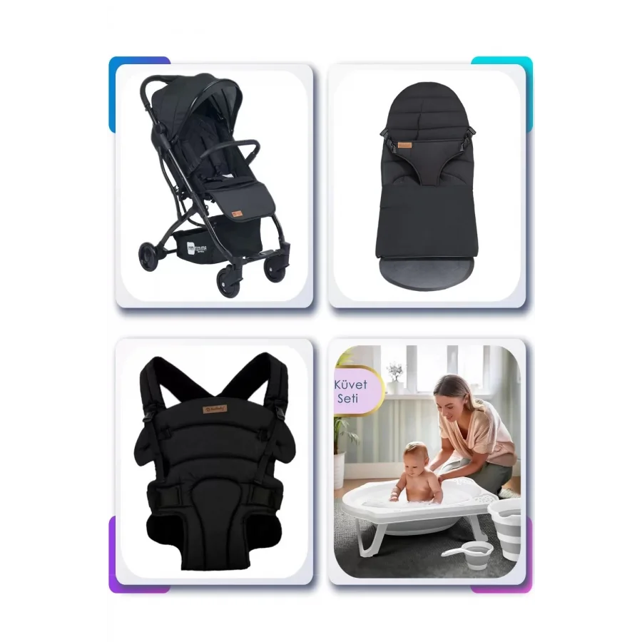 Kabin Boy Bebek Arabalı Bebek Çeyiz Seti Ana Kucağı, Bebek Kanguru ve Küvet Seti