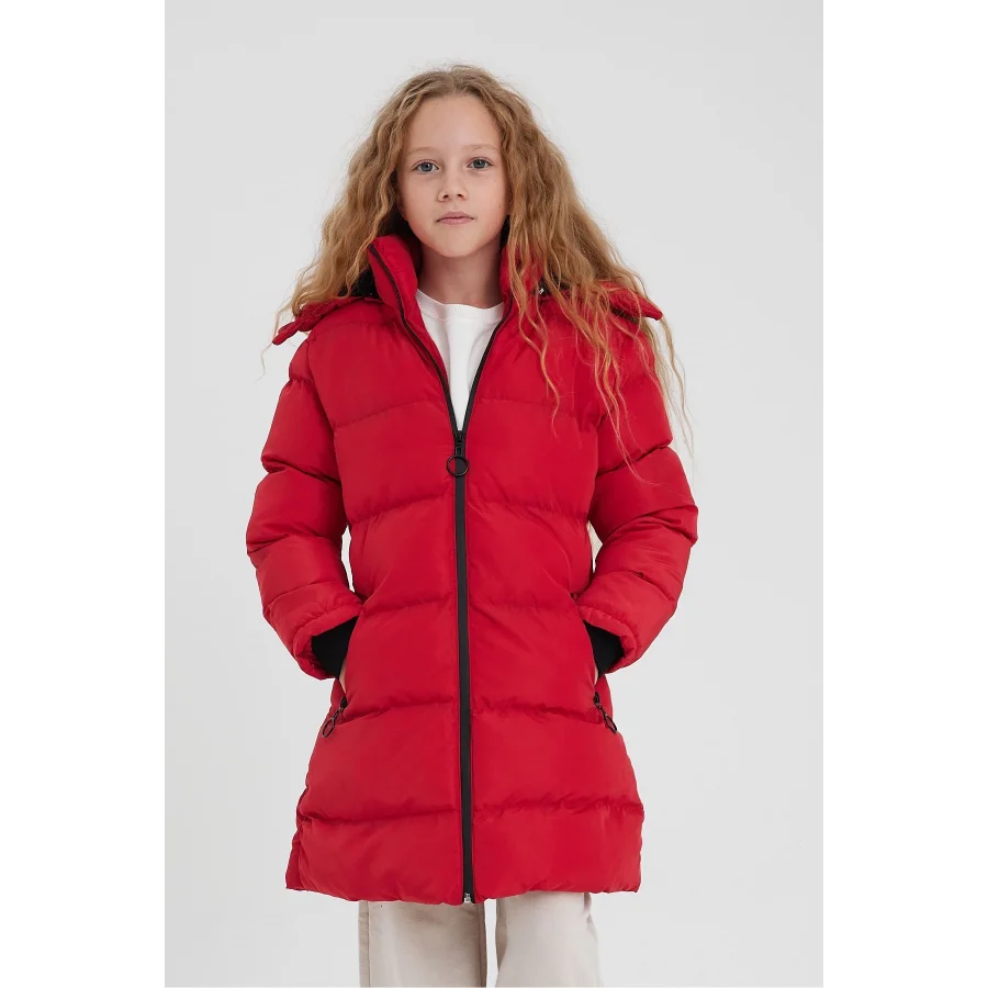 Kız Çocuk İçi Suni Kürklü Çıkarılabilir Kapüşonlu Cepli Şişme Mont - Kırmızı
