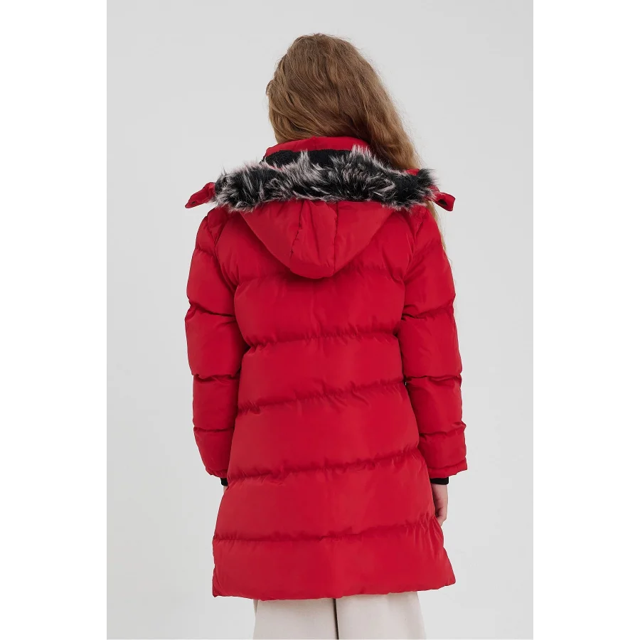 Kız Çocuk İçi Suni Kürklü Çıkarılabilir Kapüşonlu Cepli Şişme Mont - Kırmızı