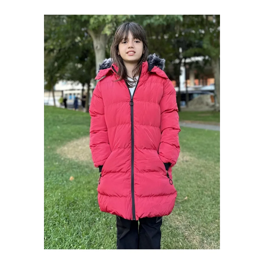 Kız Çocuk İçi Suni Kürklü Çıkarılabilir Kapüşonlu Cepli Şişme Mont - Kırmızı