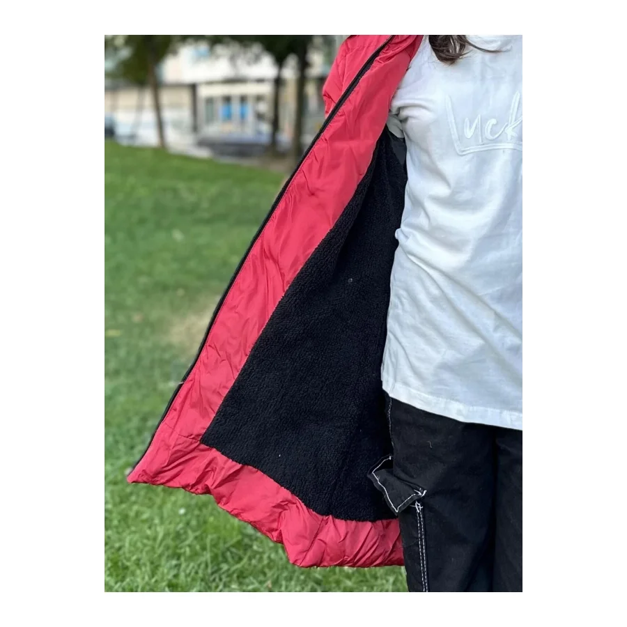 Kız Çocuk İçi Suni Kürklü Çıkarılabilir Kapüşonlu Cepli Şişme Mont - Kırmızı