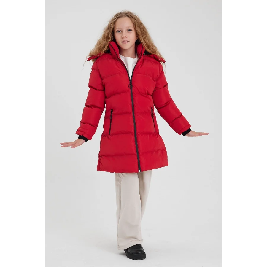 Kız Çocuk İçi Suni Kürklü Çıkarılabilir Kapüşonlu Cepli Şişme Mont - Kırmızı