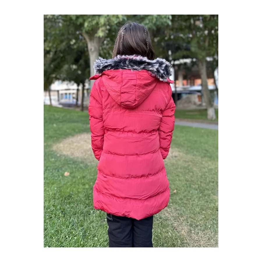 Kız Çocuk İçi Suni Kürklü Çıkarılabilir Kapüşonlu Cepli Şişme Mont - Kırmızı
