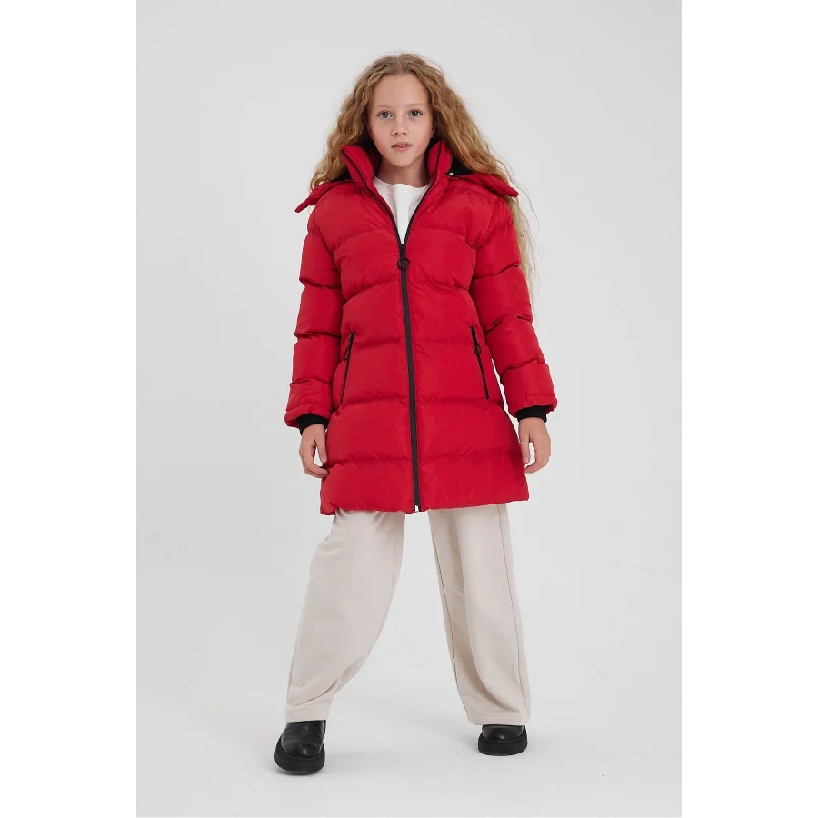 Kız Çocuk İçi Suni Kürklü Çıkarılabilir Kapüşonlu Cepli Şişme Mont - Kırmızı