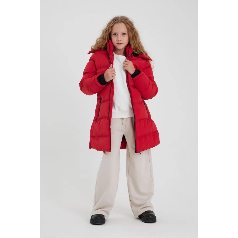 Kız Çocuk İçi Suni Kürklü Çıkarılabilir Kapüşonlu Cepli Şişme Mont - Kırmızı