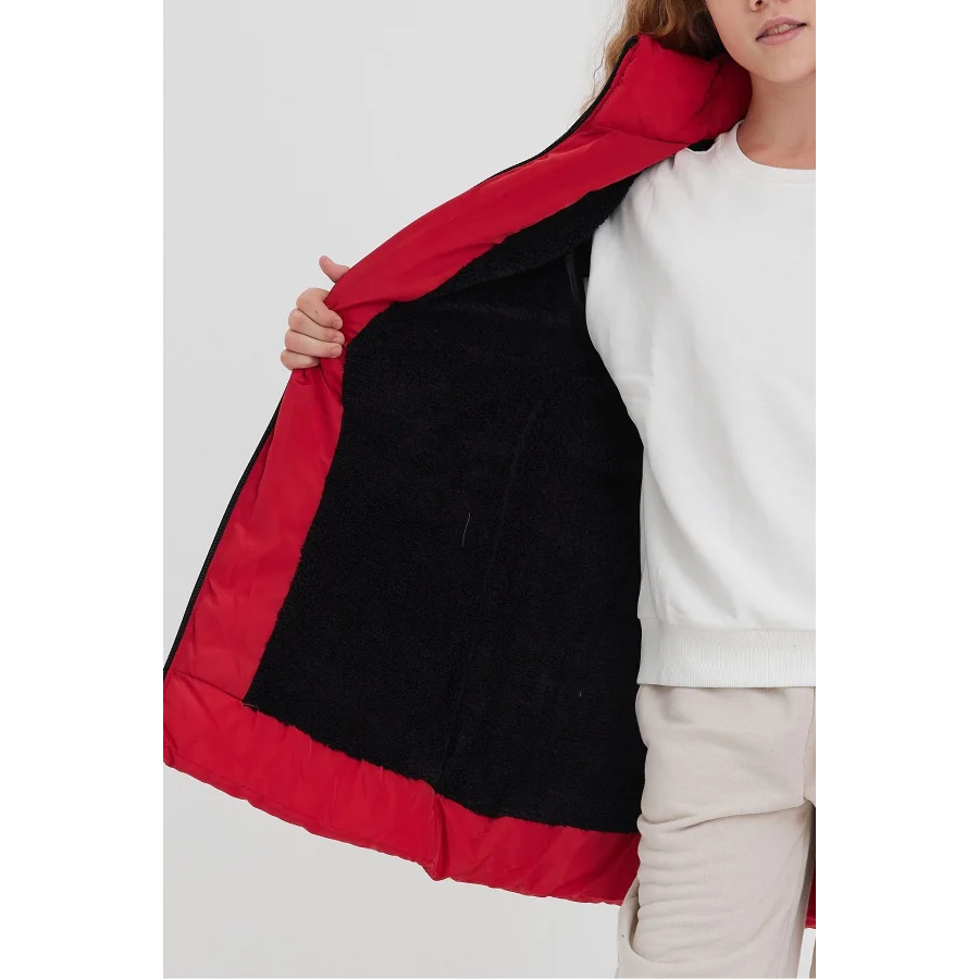 Kız Çocuk İçi Suni Kürklü Çıkarılabilir Kapüşonlu Cepli Şişme Mont - Kırmızı