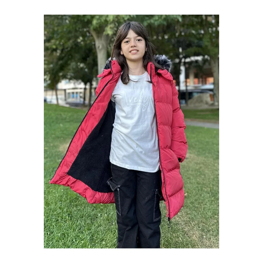 Kız Çocuk İçi Suni Kürklü Çıkarılabilir Kapüşonlu Cepli Şişme Mont - Kırmızı