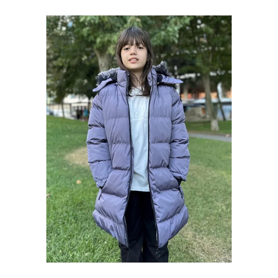 Kız Çocuk İçi Suni Kürklü Çıkarılabilir Kapüşonlu Cepli Şişme Mont - Mor