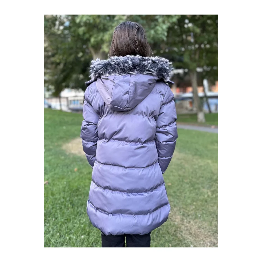 Kız Çocuk İçi Suni Kürklü Çıkarılabilir Kapüşonlu Cepli Şişme Mont - Mor