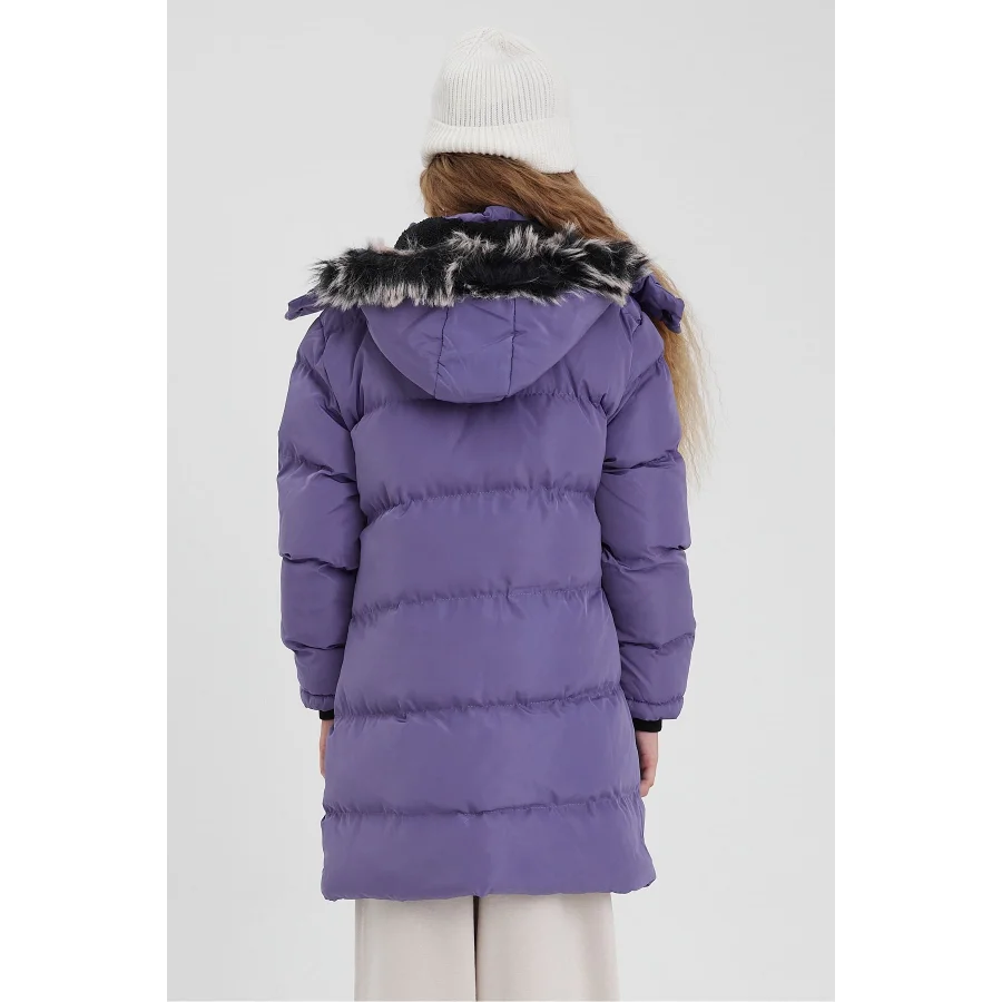 Kız Çocuk İçi Suni Kürklü Çıkarılabilir Kapüşonlu Cepli Şişme Mont - Mor