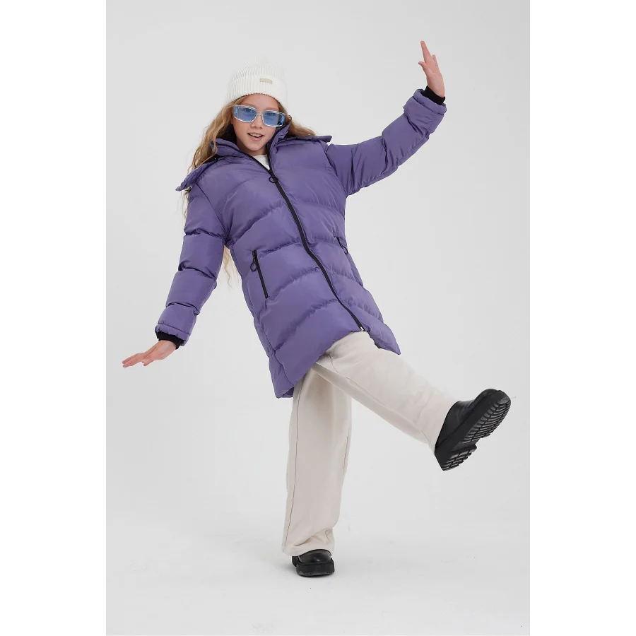 Kız Çocuk İçi Suni Kürklü Çıkarılabilir Kapüşonlu Cepli Şişme Mont - Mor