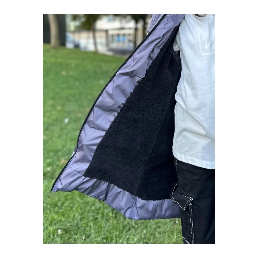 Kız Çocuk İçi Suni Kürklü Çıkarılabilir Kapüşonlu Cepli Şişme Mont - Mor