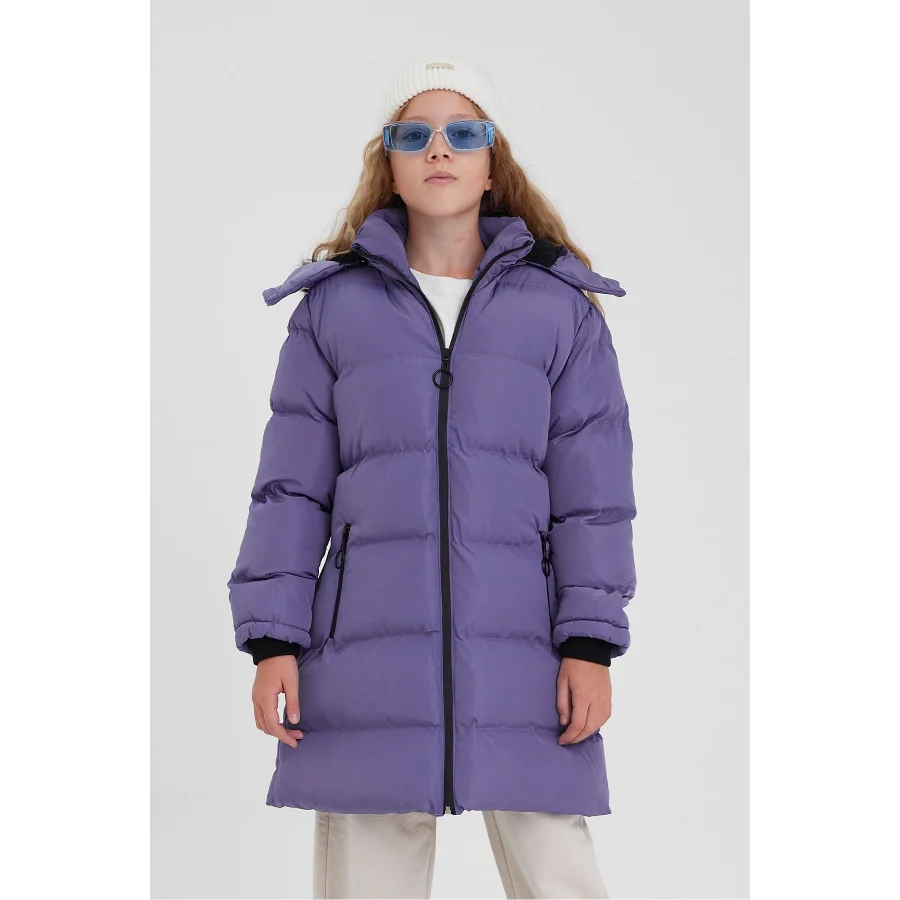 Kız Çocuk İçi Suni Kürklü Çıkarılabilir Kapüşonlu Cepli Şişme Mont - Mor