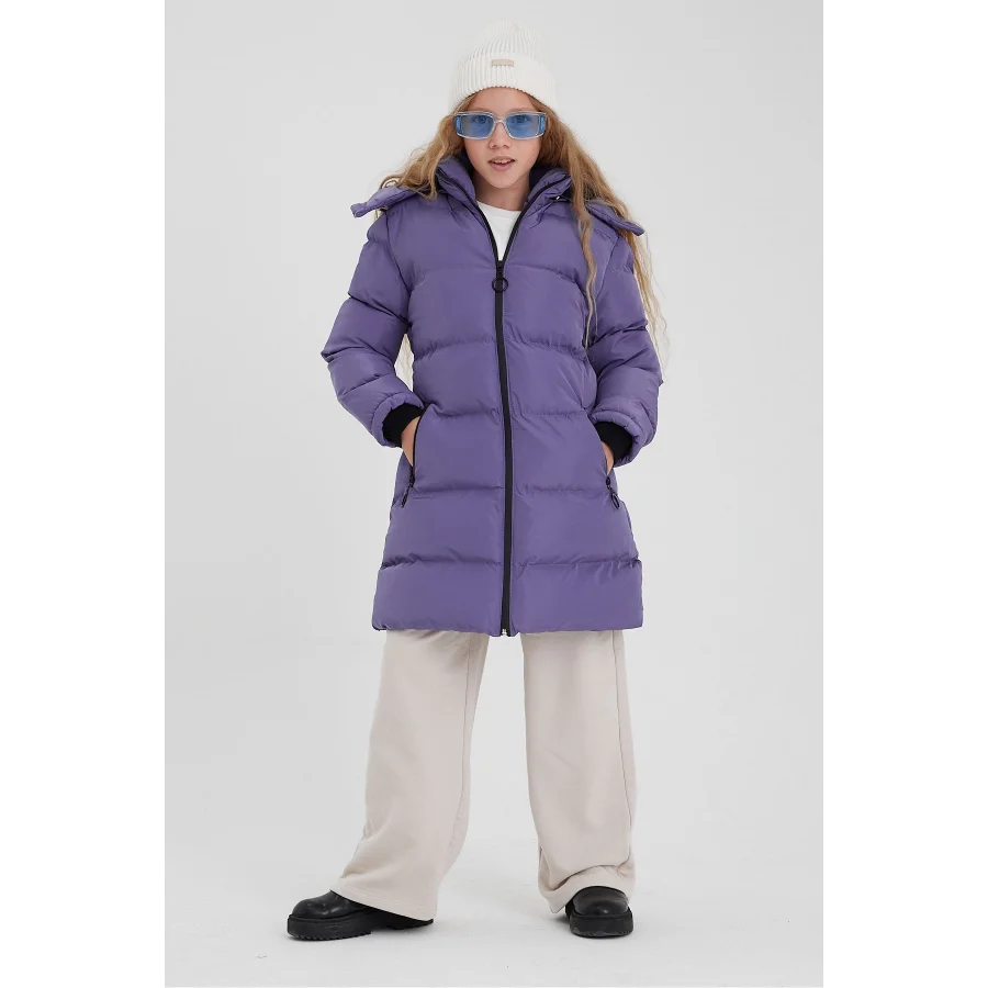 Kız Çocuk İçi Suni Kürklü Çıkarılabilir Kapüşonlu Cepli Şişme Mont - Mor