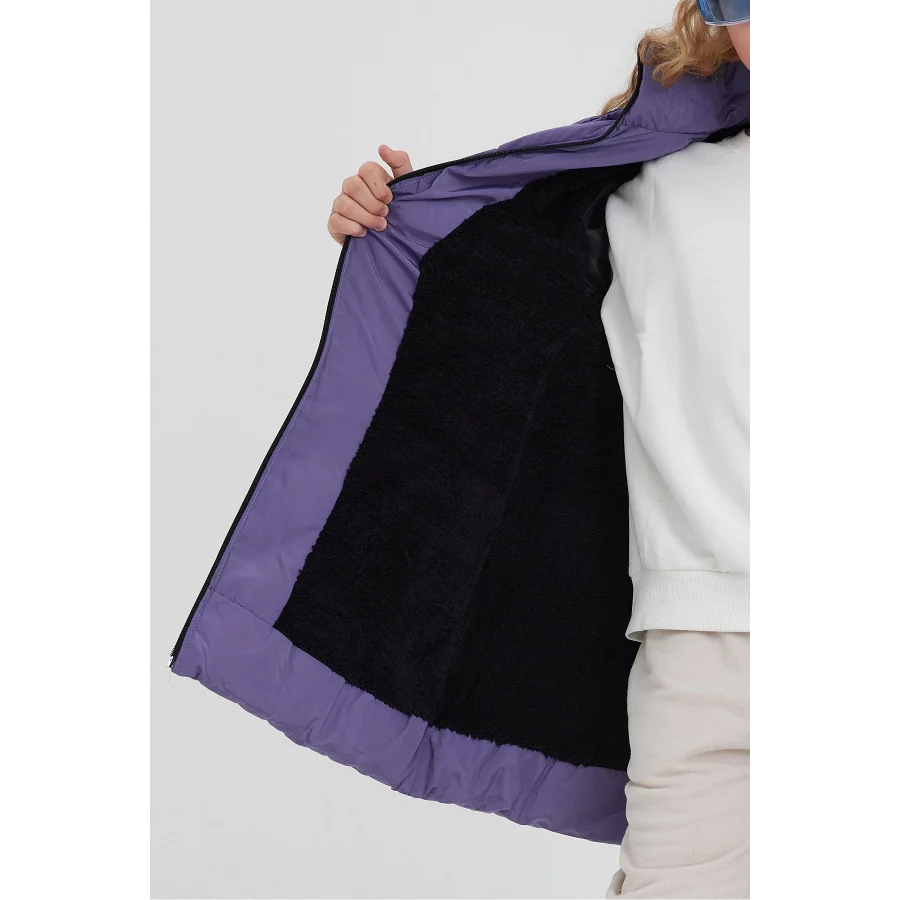 Kız Çocuk İçi Suni Kürklü Çıkarılabilir Kapüşonlu Cepli Şişme Mont - Mor