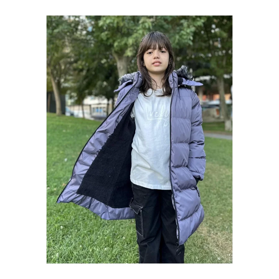 Kız Çocuk İçi Suni Kürklü Çıkarılabilir Kapüşonlu Cepli Şişme Mont - Mor