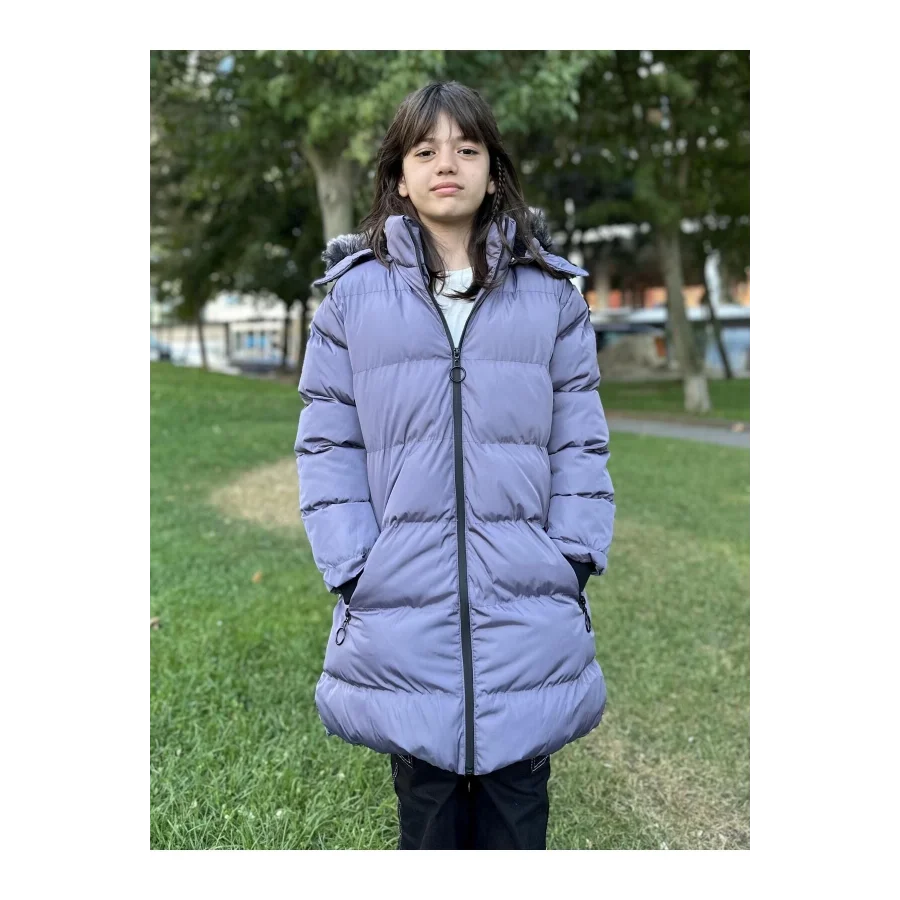 Kız Çocuk İçi Suni Kürklü Çıkarılabilir Kapüşonlu Cepli Şişme Mont - Mor