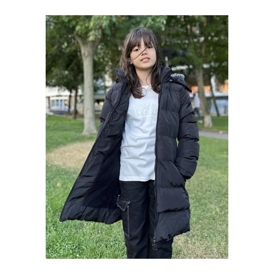 Kız Çocuk İçi Suni Kürklü Çıkarılabilir Kapüşonlu Cepli Şişme Mont - Siyah