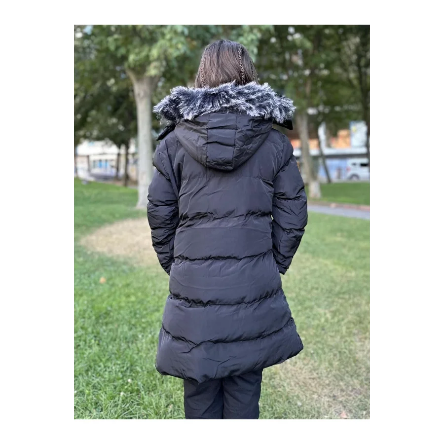 Kız Çocuk İçi Suni Kürklü Çıkarılabilir Kapüşonlu Cepli Şişme Mont - Siyah