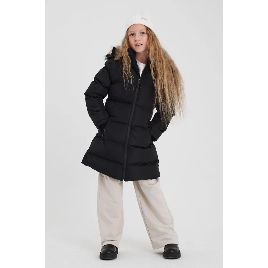 Kız Çocuk İçi Suni Kürklü Çıkarılabilir Kapüşonlu Cepli Şişme Mont - Siyah