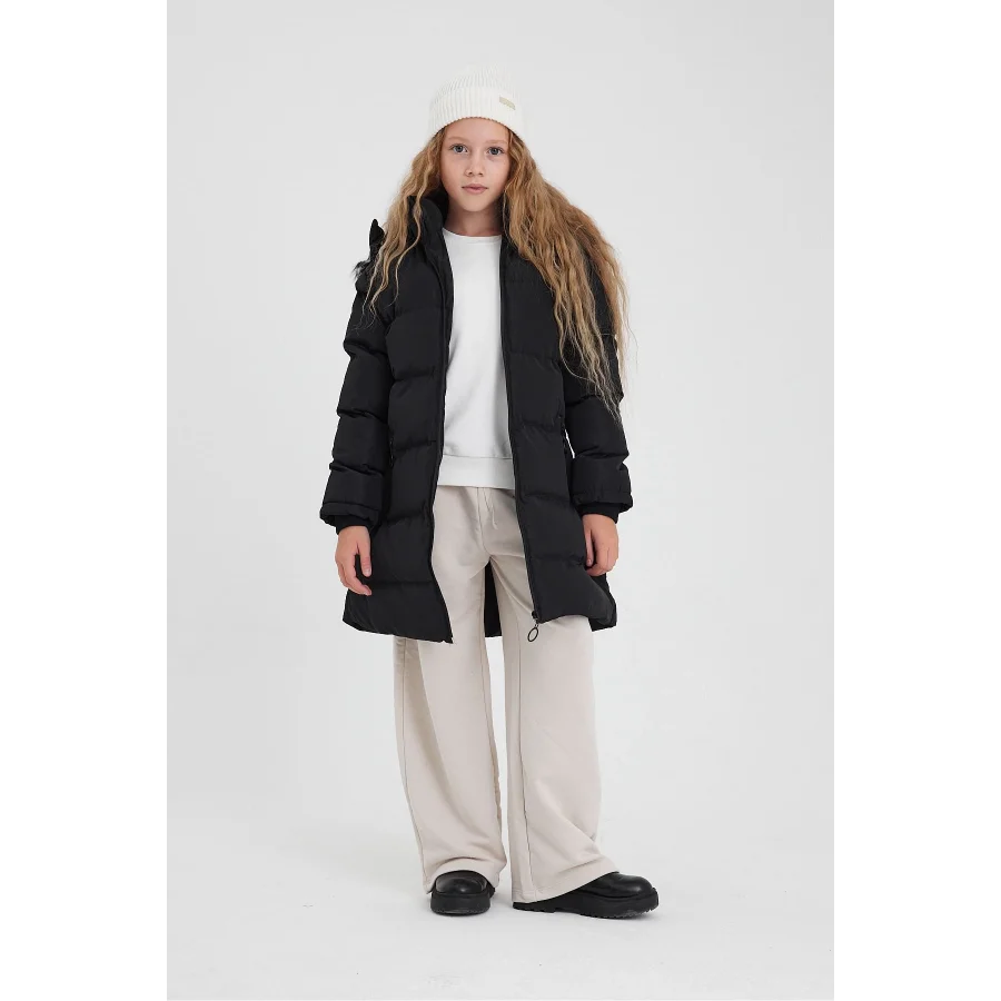 Kız Çocuk İçi Suni Kürklü Çıkarılabilir Kapüşonlu Cepli Şişme Mont - Siyah