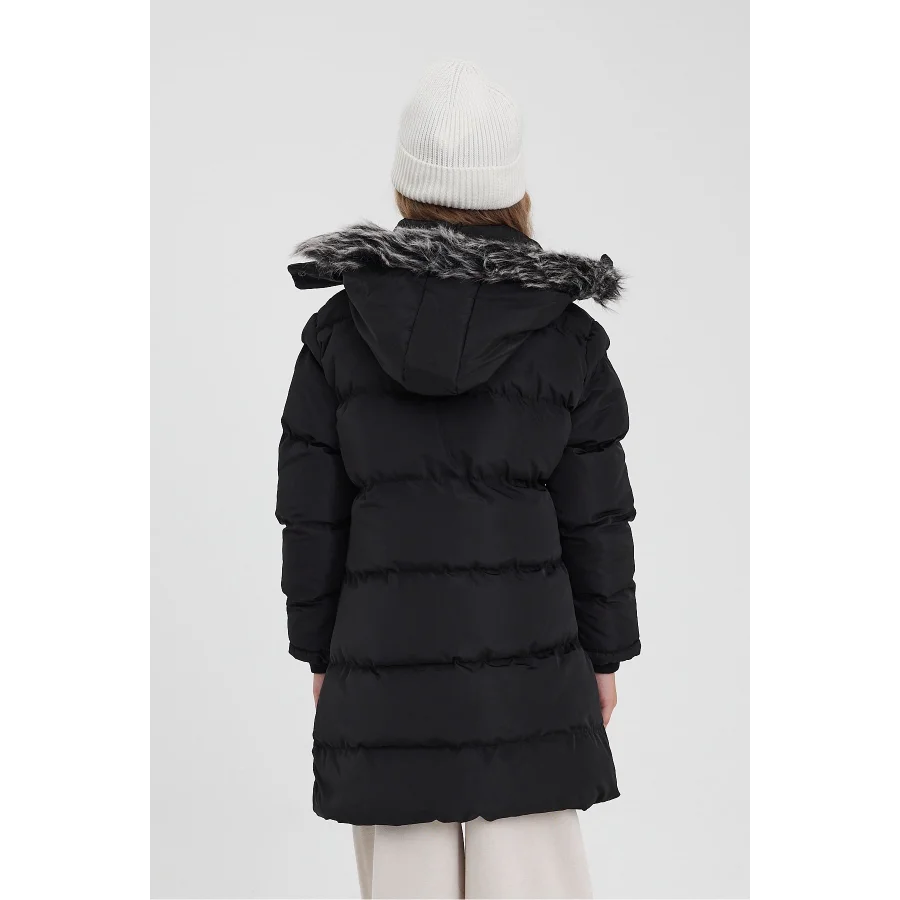 Kız Çocuk İçi Suni Kürklü Çıkarılabilir Kapüşonlu Cepli Şişme Mont - Siyah