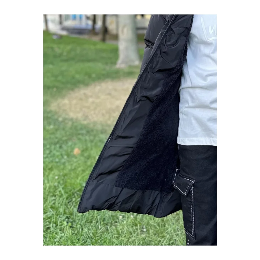 Kız Çocuk İçi Suni Kürklü Çıkarılabilir Kapüşonlu Cepli Şişme Mont - Siyah