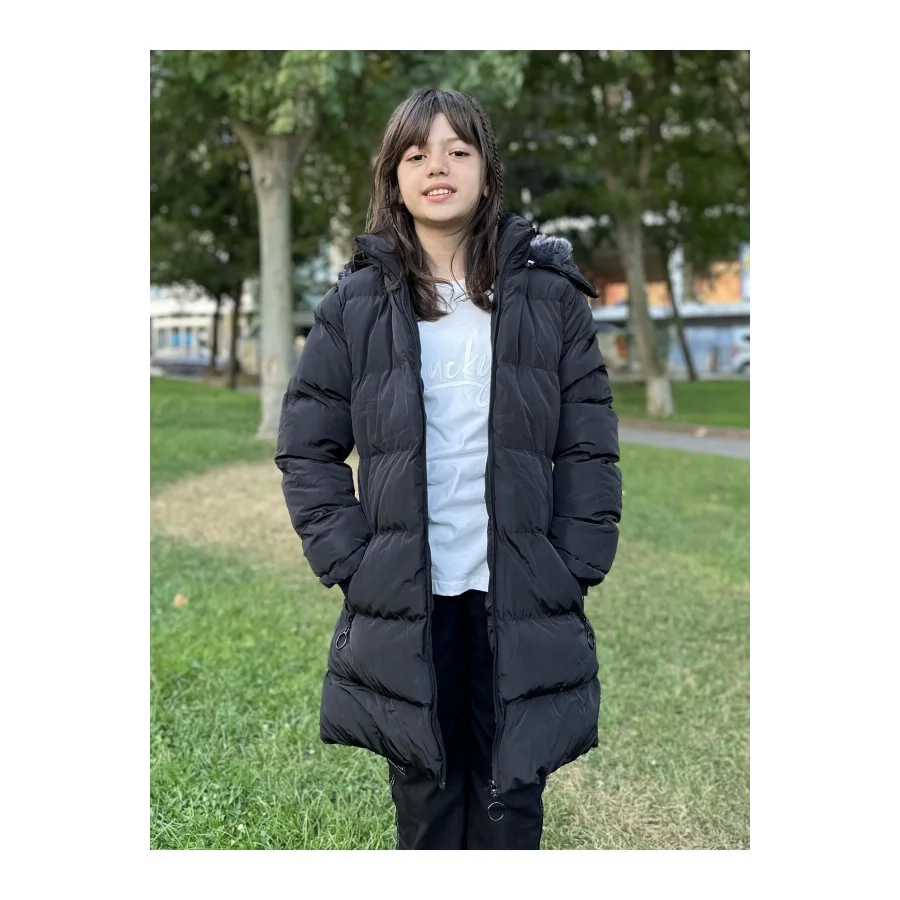 Kız Çocuk İçi Suni Kürklü Çıkarılabilir Kapüşonlu Cepli Şişme Mont - Siyah