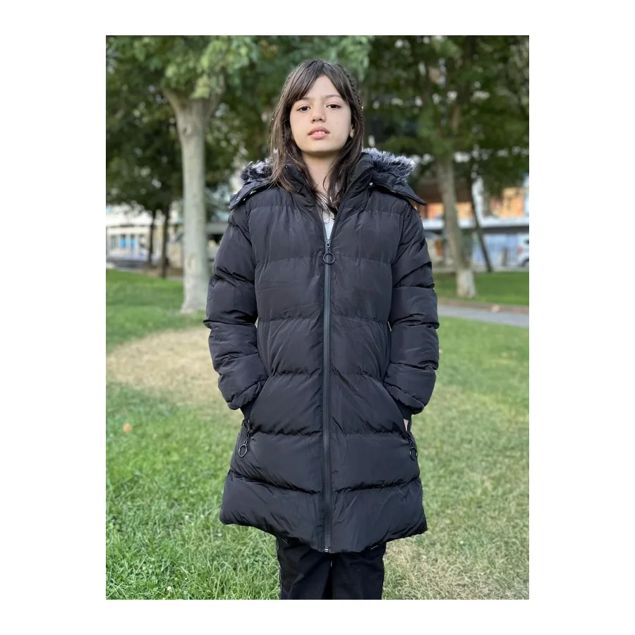 Kız Çocuk İçi Suni Kürklü Çıkarılabilir Kapüşonlu Cepli Şişme Mont - Siyah