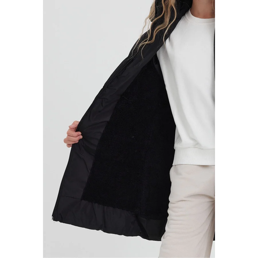 Kız Çocuk İçi Suni Kürklü Çıkarılabilir Kapüşonlu Cepli Şişme Mont - Siyah