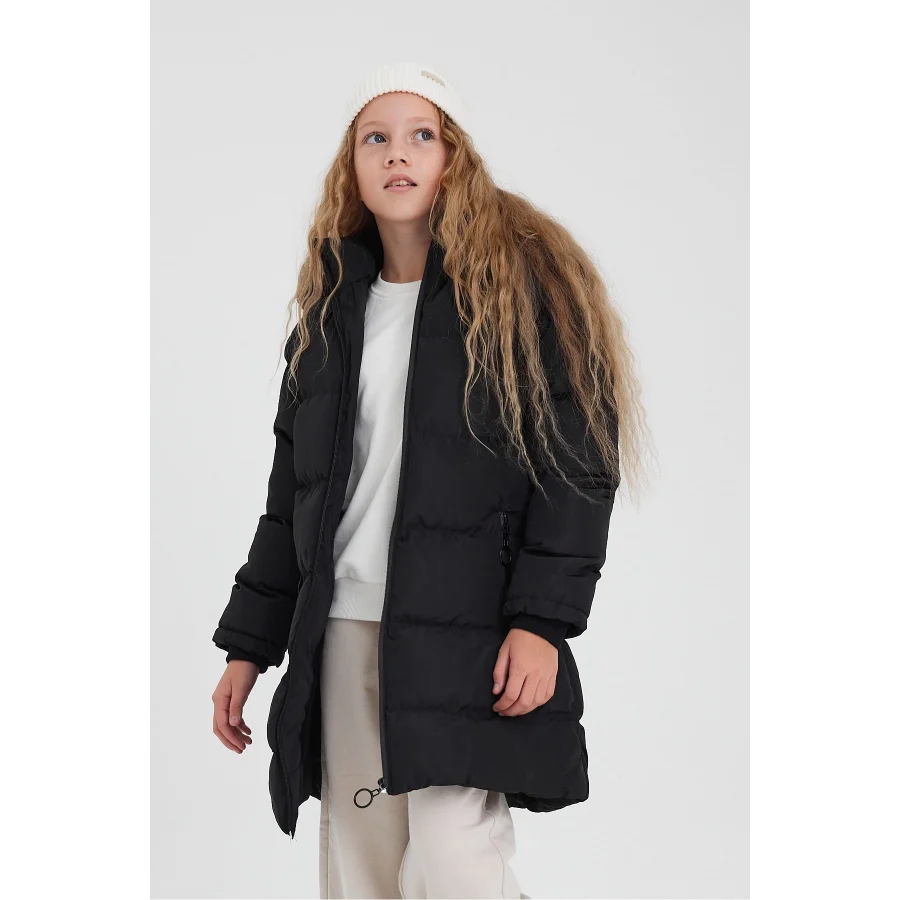 Kız Çocuk İçi Suni Kürklü Çıkarılabilir Kapüşonlu Cepli Şişme Mont - Siyah