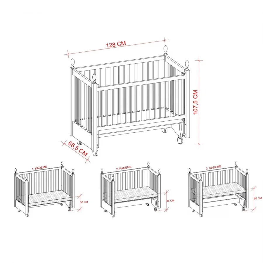 Kral Sallanır Ahşap Anne Yanı Beşik 60x120 cm (gri-gri)