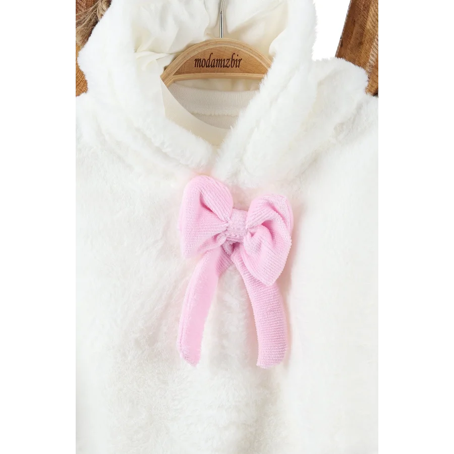 Papyonlu Peluş Pelerin 3lü Kız Çocuk Takım Pembe