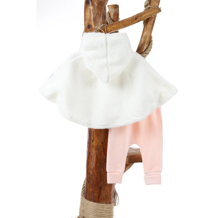 Papyonlu Peluş Pelerin 3lü Kız Çocuk Takım Pudra