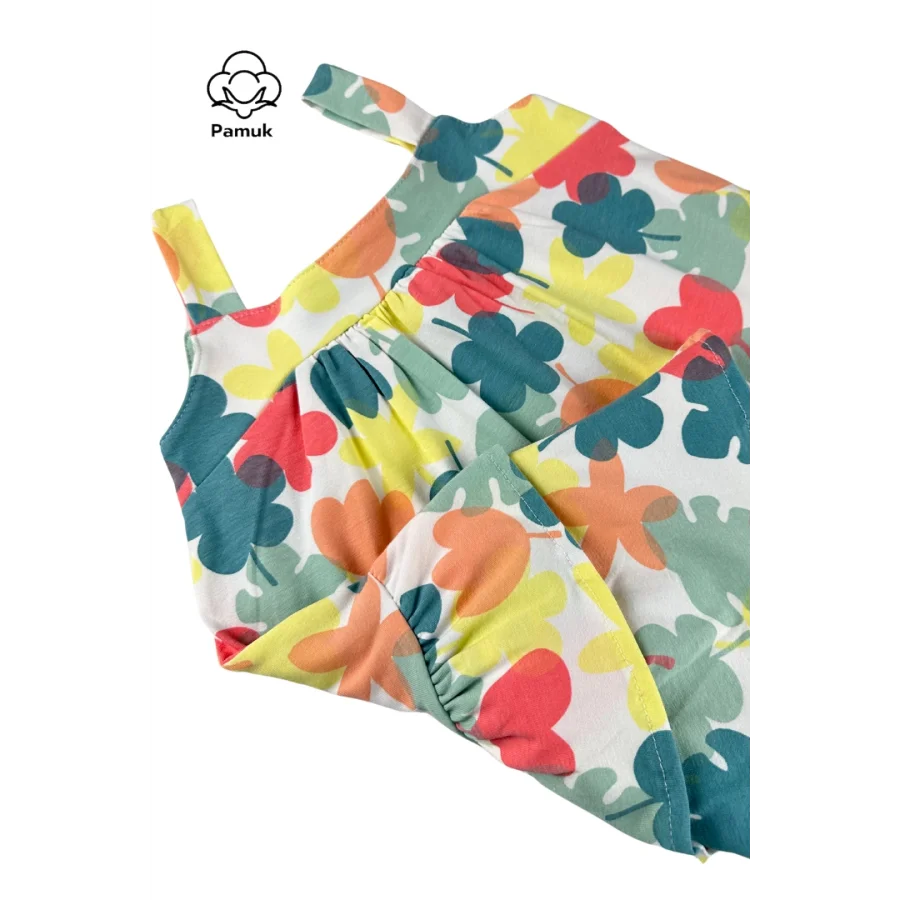 Renkli Yaprak Fırfırlı Rahat Yazlık Kız Çocuk Elbise