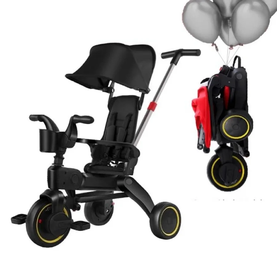 Taşınabilir 4ü 1 Arada Katlanabilir İtmeli Üç Tekerlekli Bisiklet Siyah
