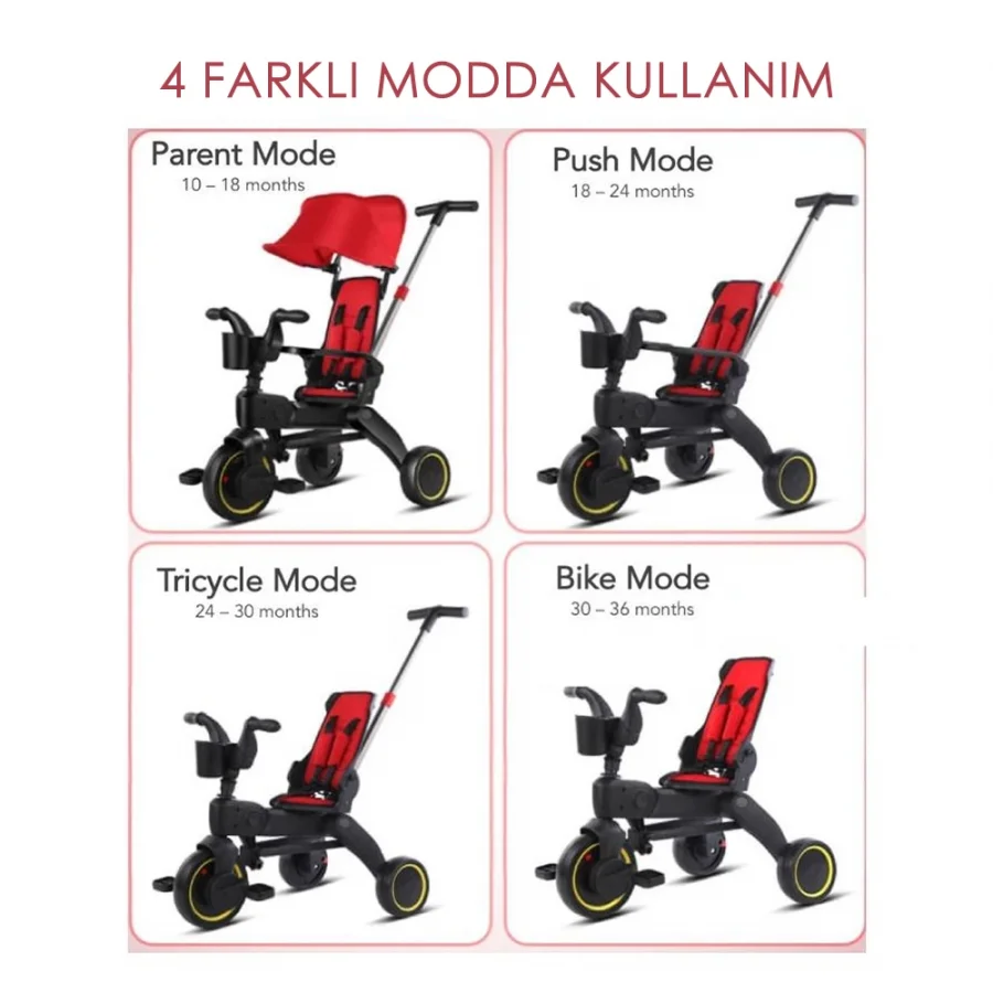 Taşınabilir 4ü 1 Arada Katlanabilir İtmeli Üç Tekerlekli Bisiklet Yeşil