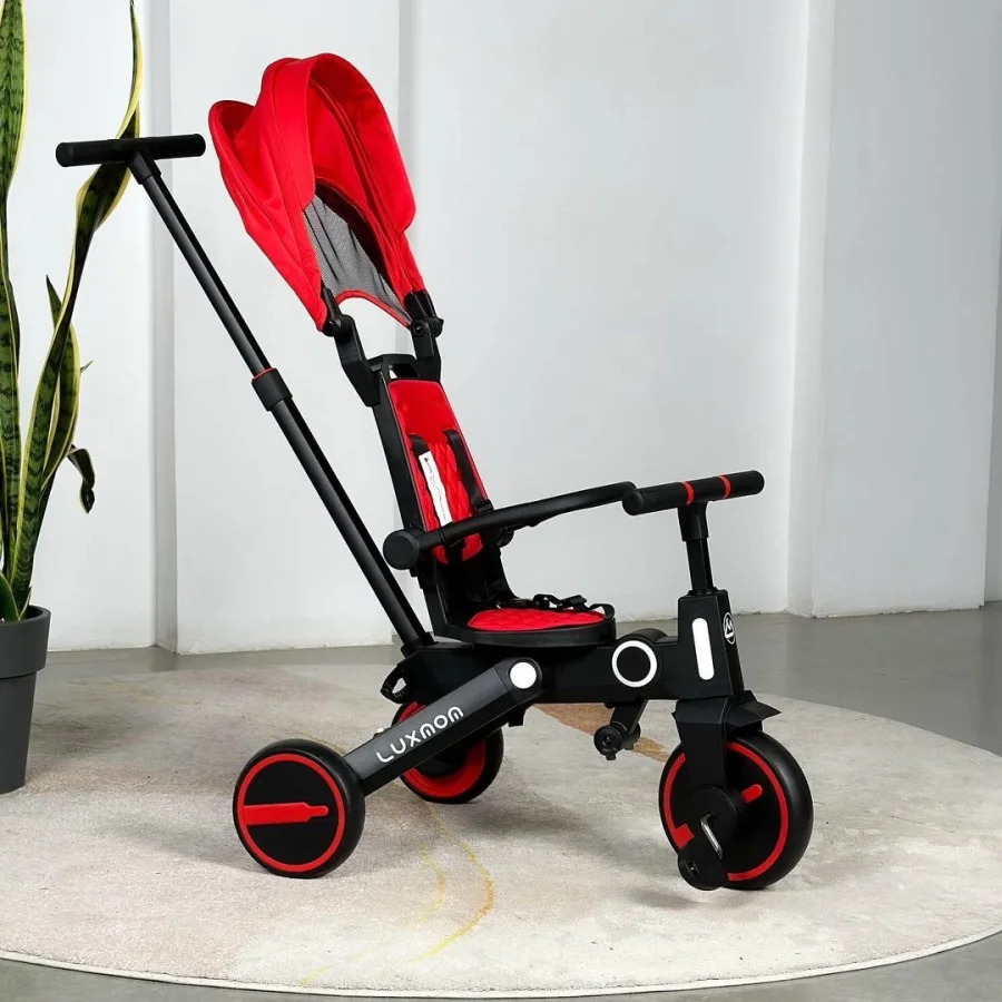 Üç Tekerlekli Katlanır Çift Yönlü Ebeveyn Kontrollü Çocuk Bisikleti - Kırmızı
