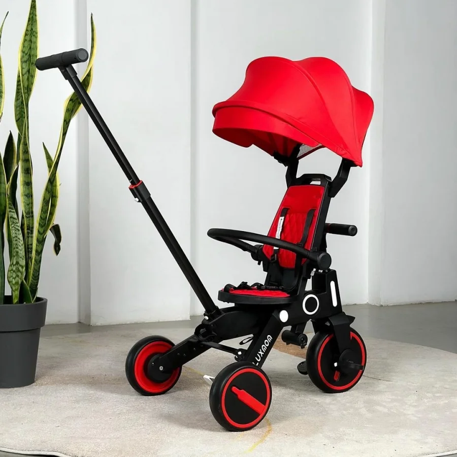 Üç Tekerlekli Katlanır Çift Yönlü Ebeveyn Kontrollü Çocuk Bisikleti - Kırmızı