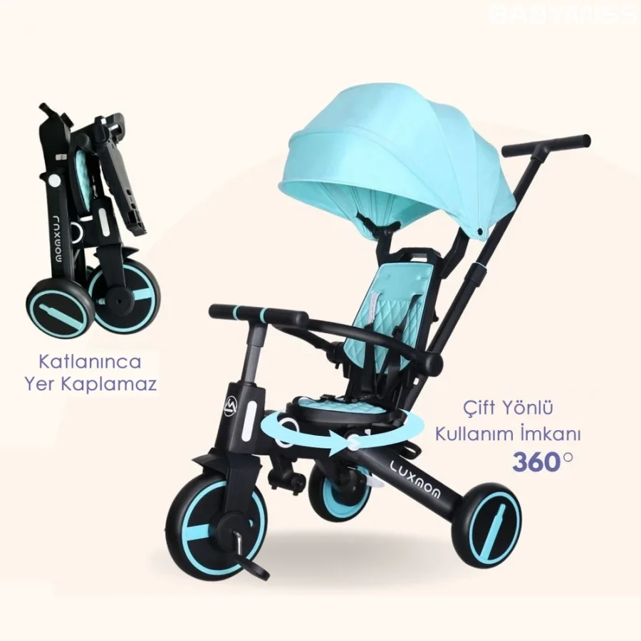 Üç Tekerlekli Katlanır Çift Yönlü Ebeveyn Kontrollü Çocuk Bisikleti - Turkuaz