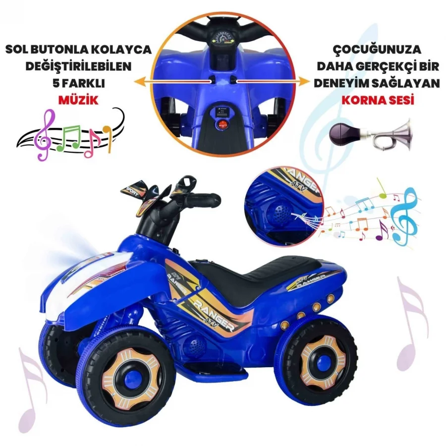 Uj Toys Müzikli ve Led Işıklı Akülü Atv 6V Ranger Mavi