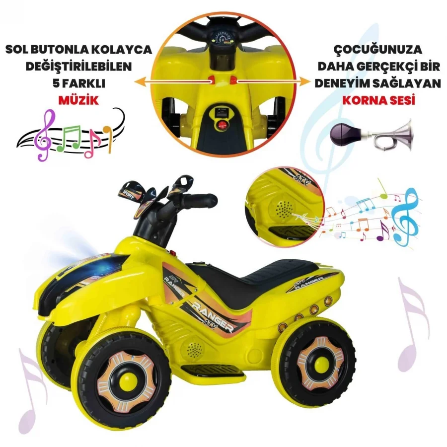 Uj Toys Müzikli ve Led Işıklı Akülü Atv 6V Ranger Sarı