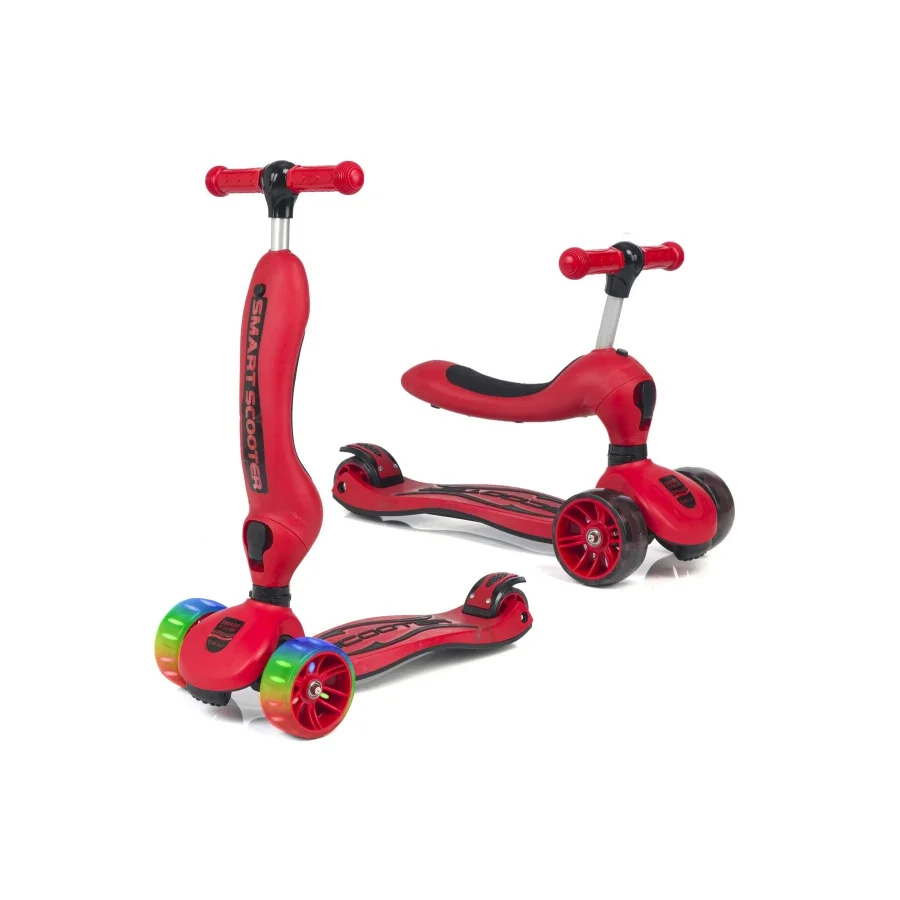 UniCare Smart Oturaklı Çocuk Scooter 3 Tekerlekli Led Işıklı Scooter Yükseklik Ayarlı - Kırmızı