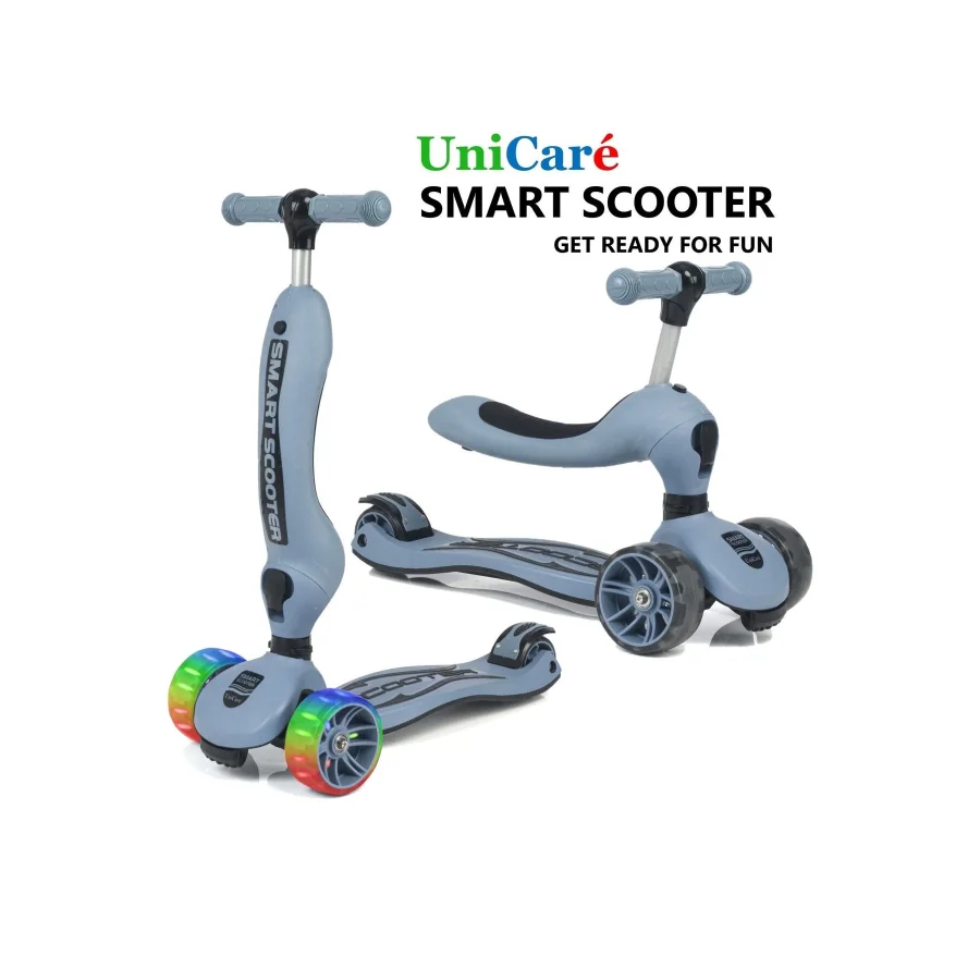UniCare Smart Oturaklı Çocuk Scooter 3 Tekerlekli Led Işıklı Scooter Yükseklik Ayarlı - Mavi