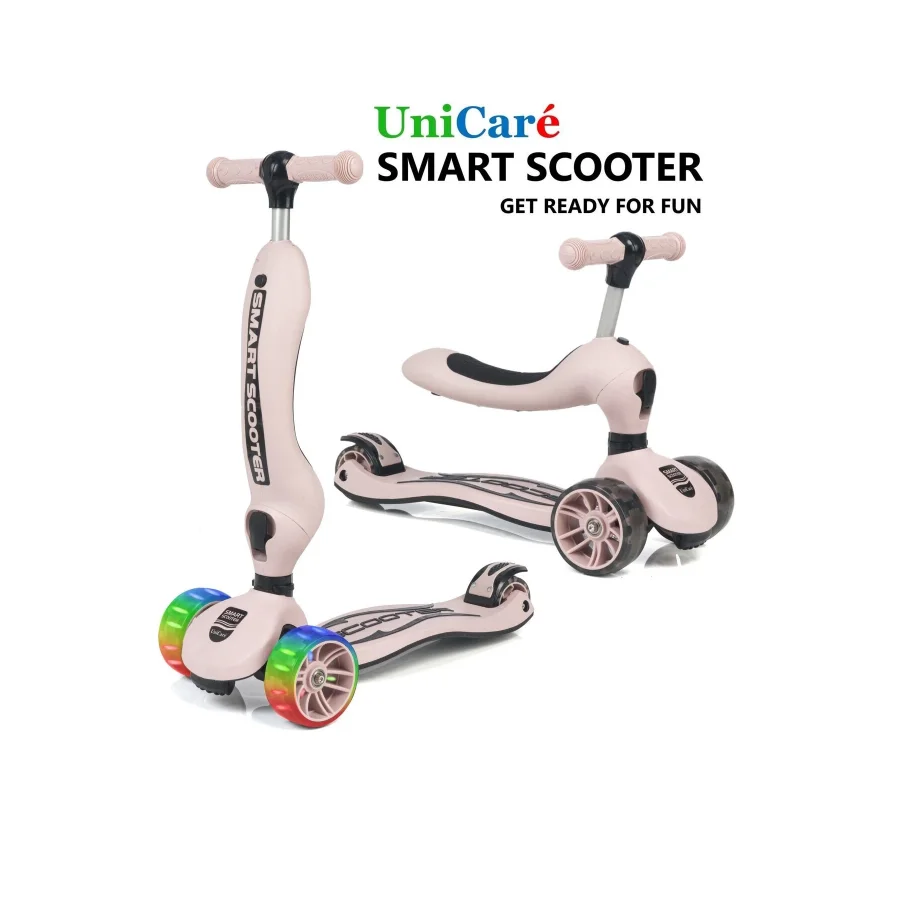 UniCare Smart Oturaklı Çocuk Scooter 3 Tekerlekli Led Işıklı Scooter Yükseklik Ayarlı - Somon