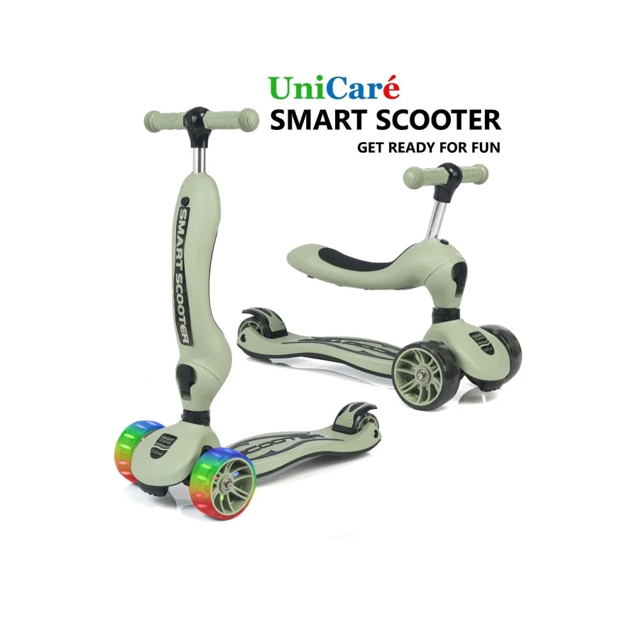 UniCare Smart Oturaklı Çocuk Scooter 3 Tekerlekli Led Işıklı Scooter Yükseklik Ayarlı - Yeşil
