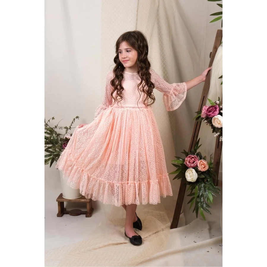 Uzun Kol Dantel Makri Kız Çocuk Elbise - Somon